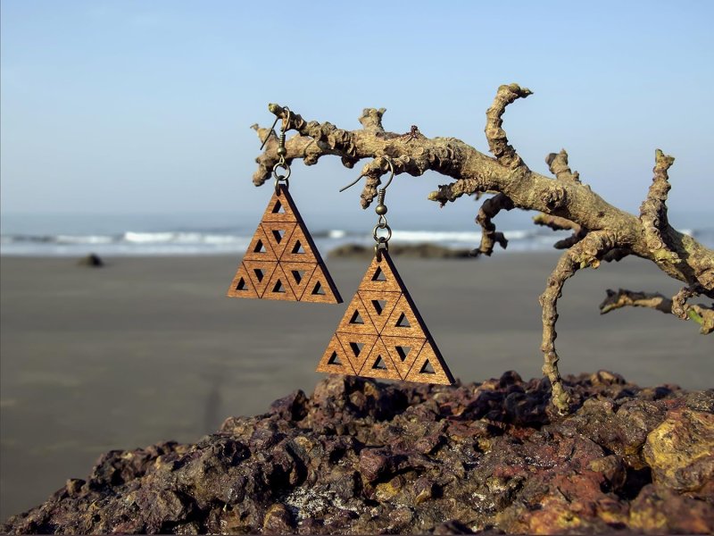 Laser Cut Wooden Earrings Sierpinski Triangle Fractal