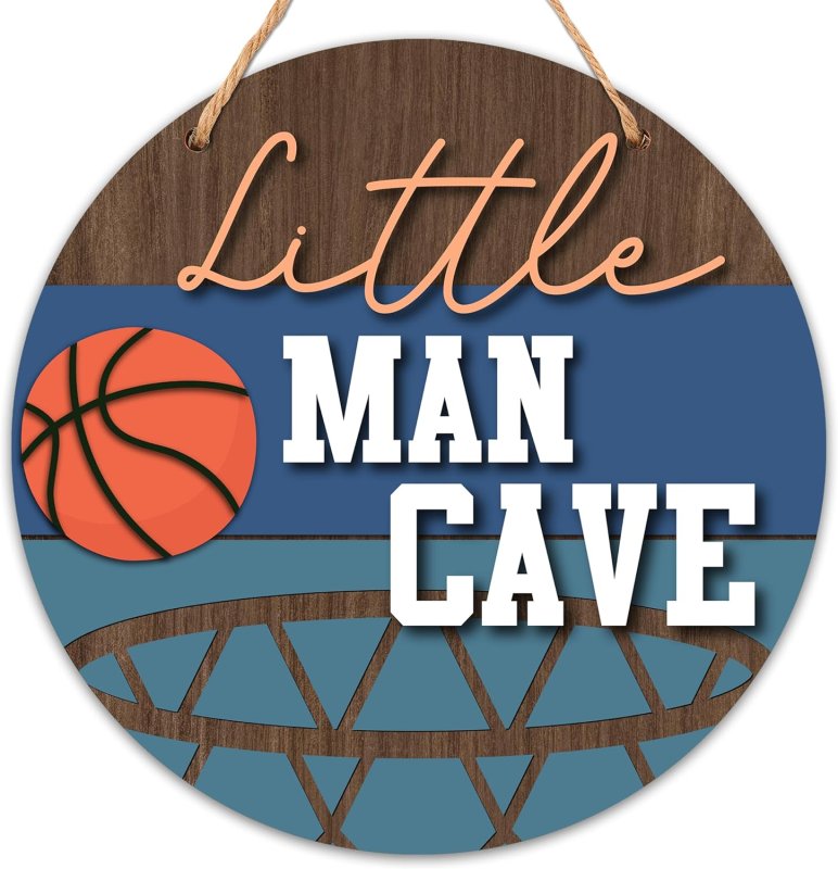 Laser Cut Little Man Cave Sign For boys, Baby Boy Nursery decor, Basketball Wall Decor For Toddler Kids room, Round Door Hanger