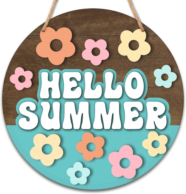 Laser Cut Hello Summer Decorations Farmhouse Floral Door Sign Rustic Welcome Hanging Sign For Front Door