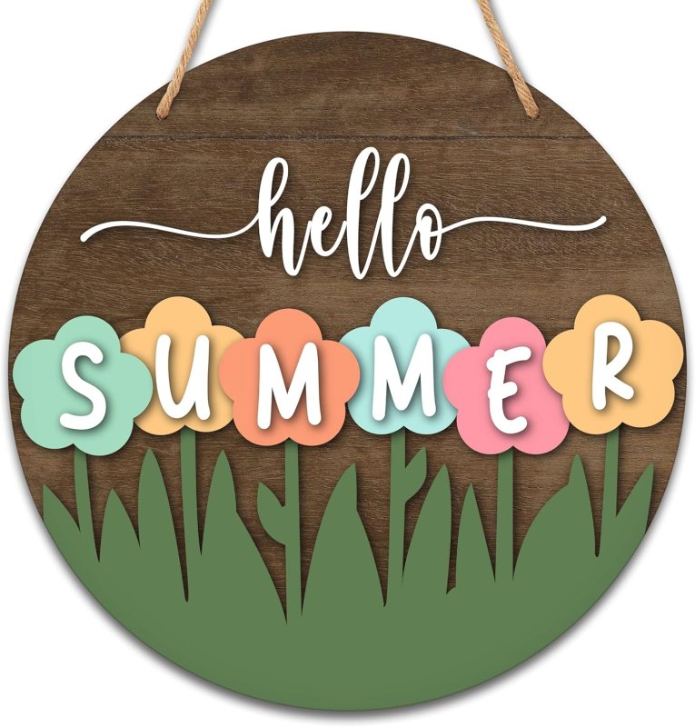 Laser Cut Hello Summer Floral Door Sign Rustic Welcome Hanging Sign For Front Door