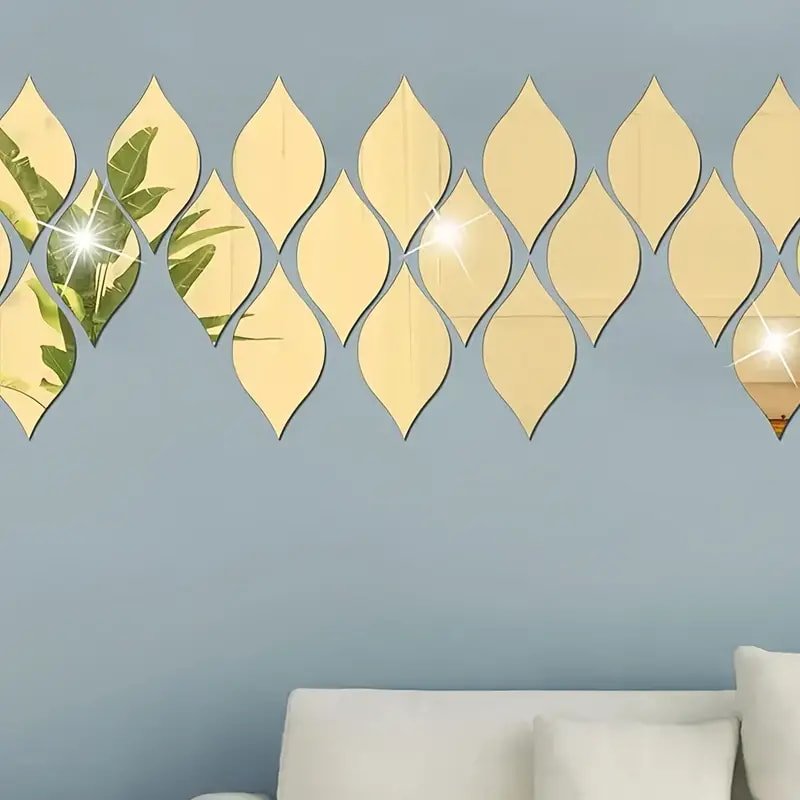 Laser Cut Acrylic Mirror Wall Stickers Vintage Oval Leaf Water Drops Design
