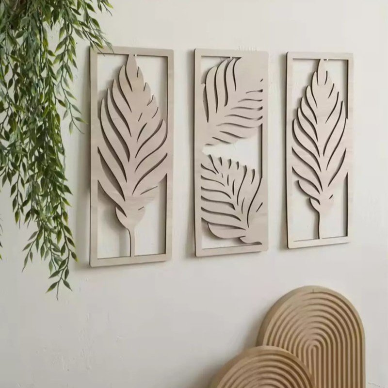 Laser Cut Wooden Wall Hanging Rectangular Palm Leaf Pattern